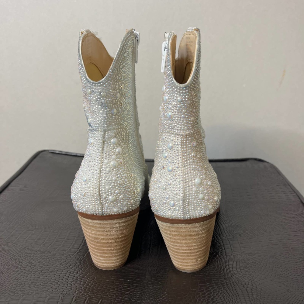 Betsey Johnson Cream Pearl-Embellished Western Ankle Boots - Picture 7 of 8